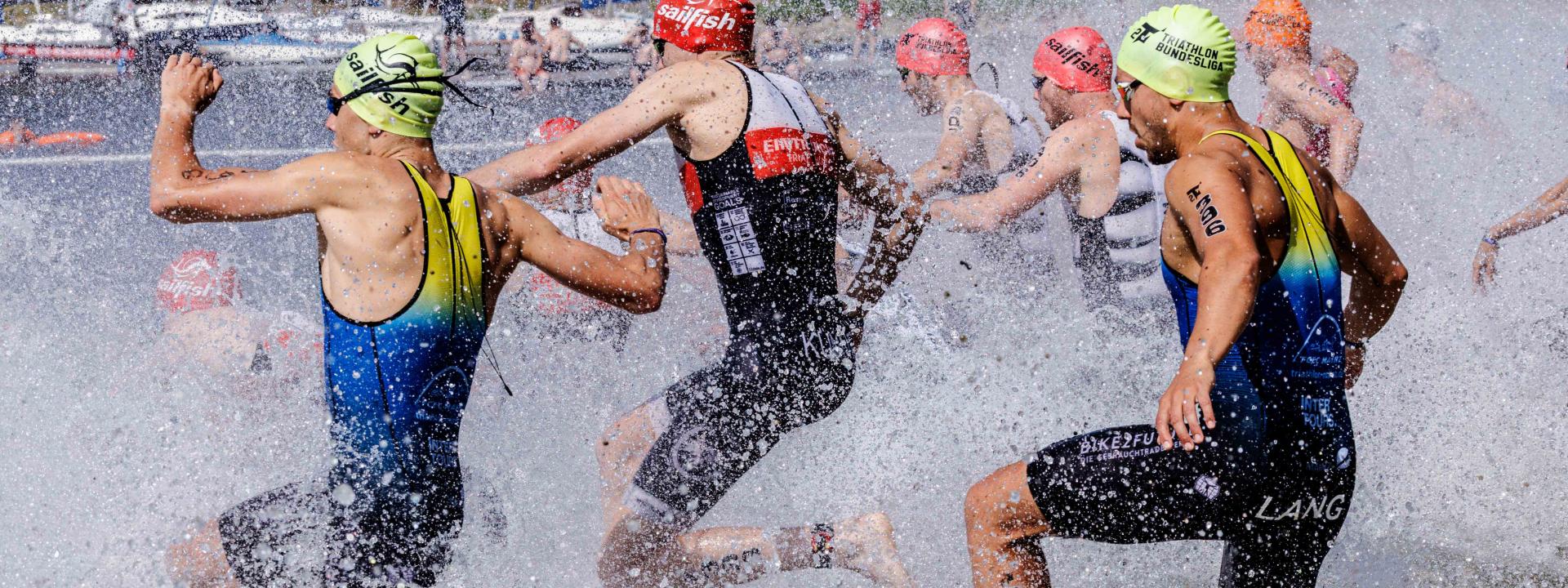 Triathleten laufen ins Wasser vom See
